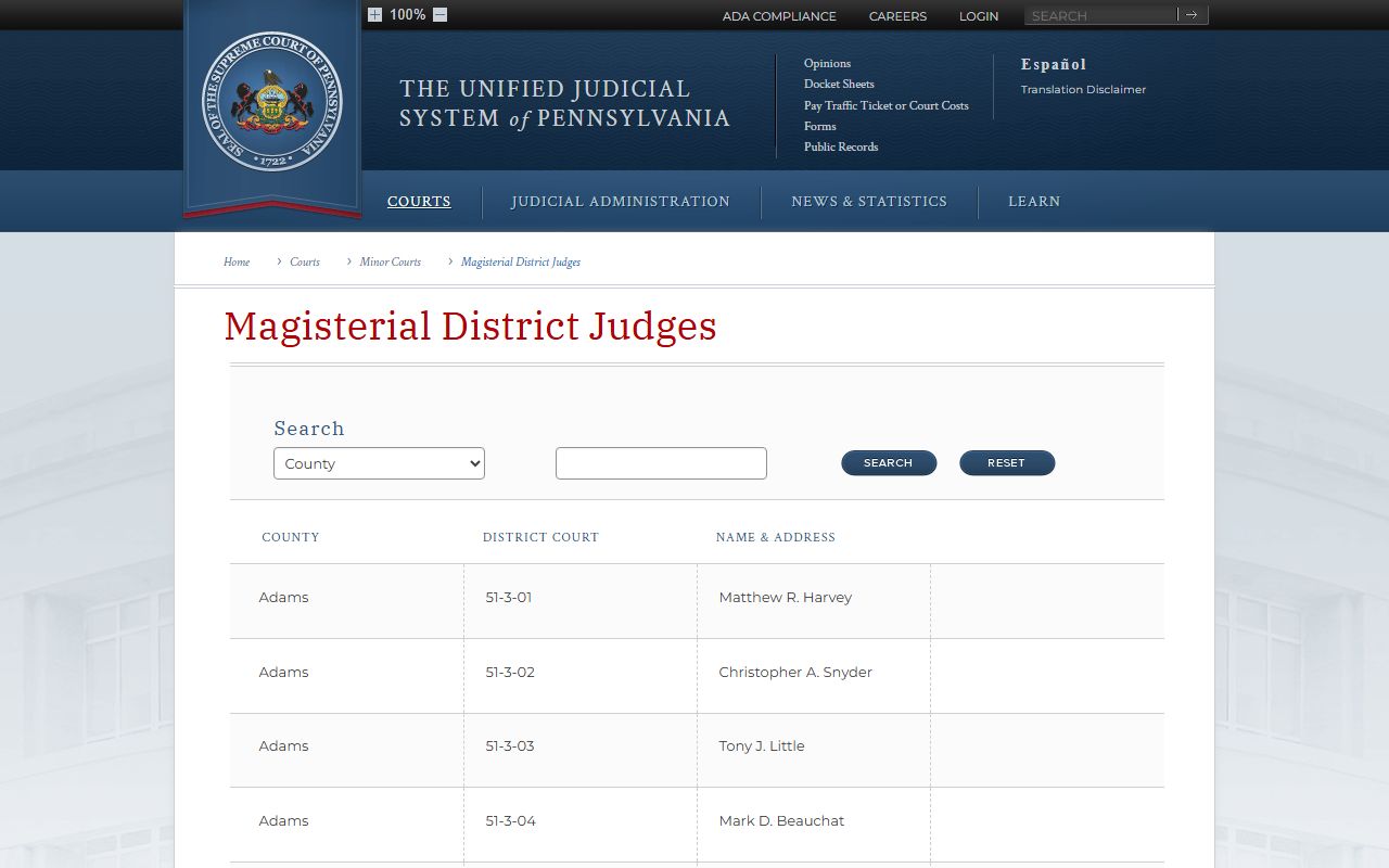 Pennsylvania magisterial district judges page for Westmoreland County court dockets