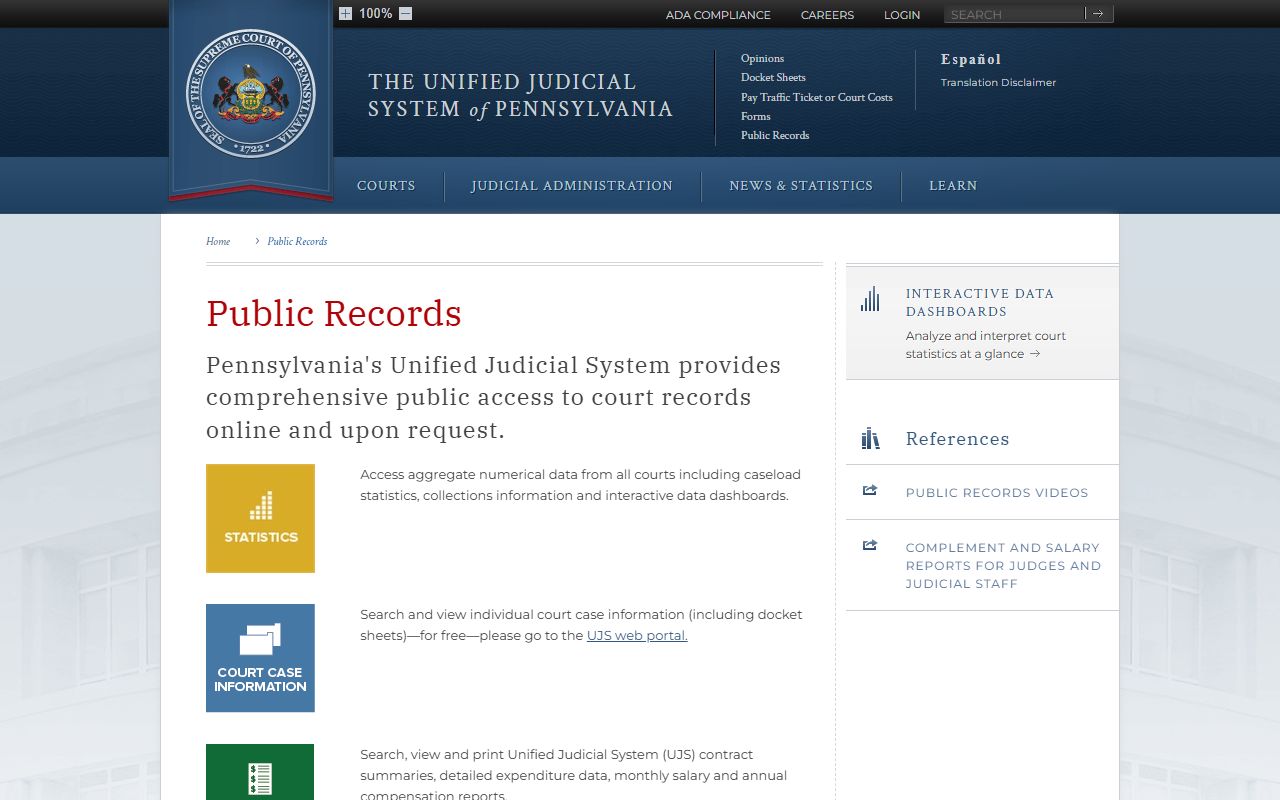 Pennsylvania courts public records policy page for Westmoreland County court records
