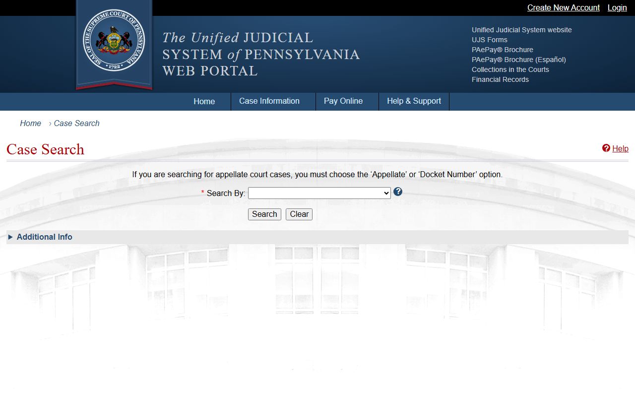 Pennsylvania UJS case search portal for Westmoreland County court records
