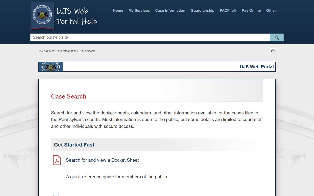 UJS case search help guide for Westmoreland County court records