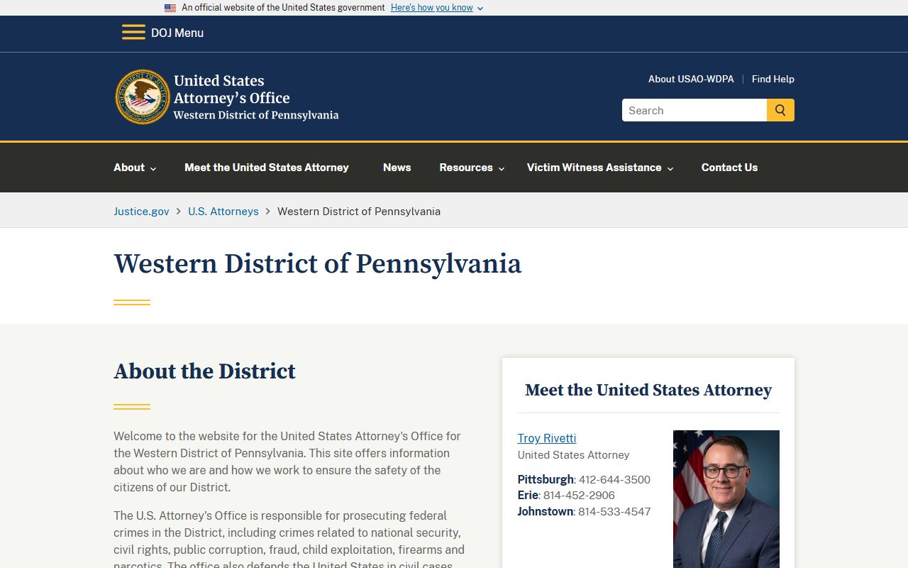 U.S. Attorney Western District of Pennsylvania federal prosecution for Westmoreland County arrest records