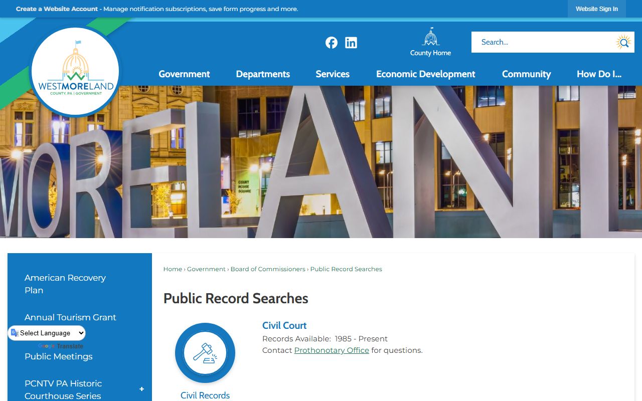 Westmoreland County public record search hub for court records