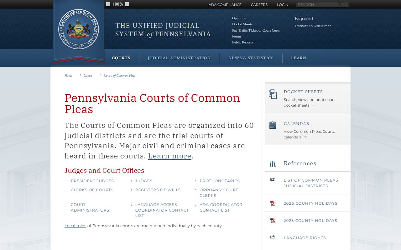 Pennsylvania Courts of Common Pleas overview for Westmoreland County court records