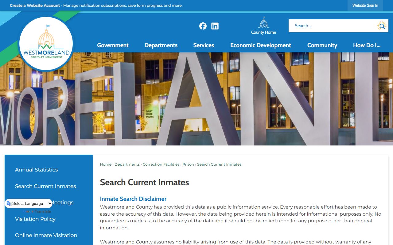 Westmoreland County inmate records Search Current Inmates page