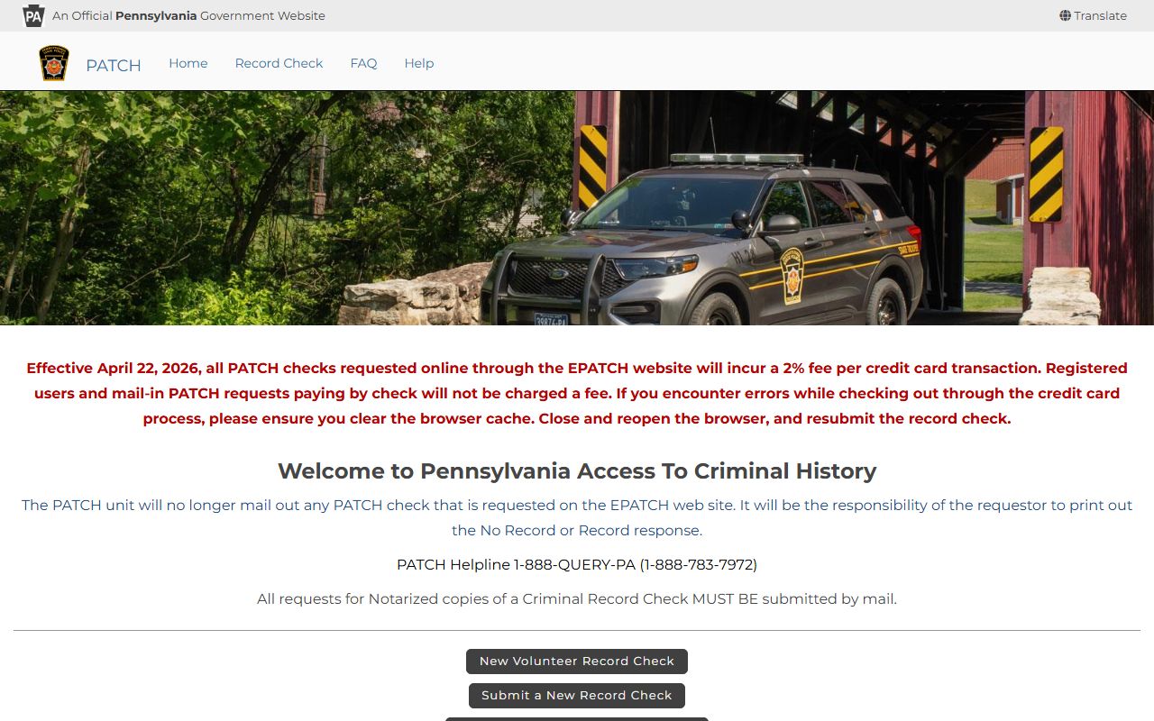 PATCH criminal-history portal used for Westmoreland County criminal records checks