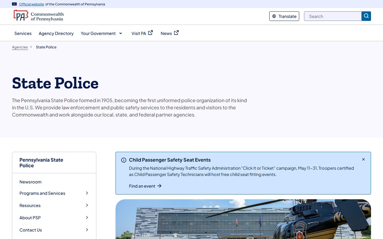 Pennsylvania State Police criminal-history background-check page for Westmoreland County arrest records